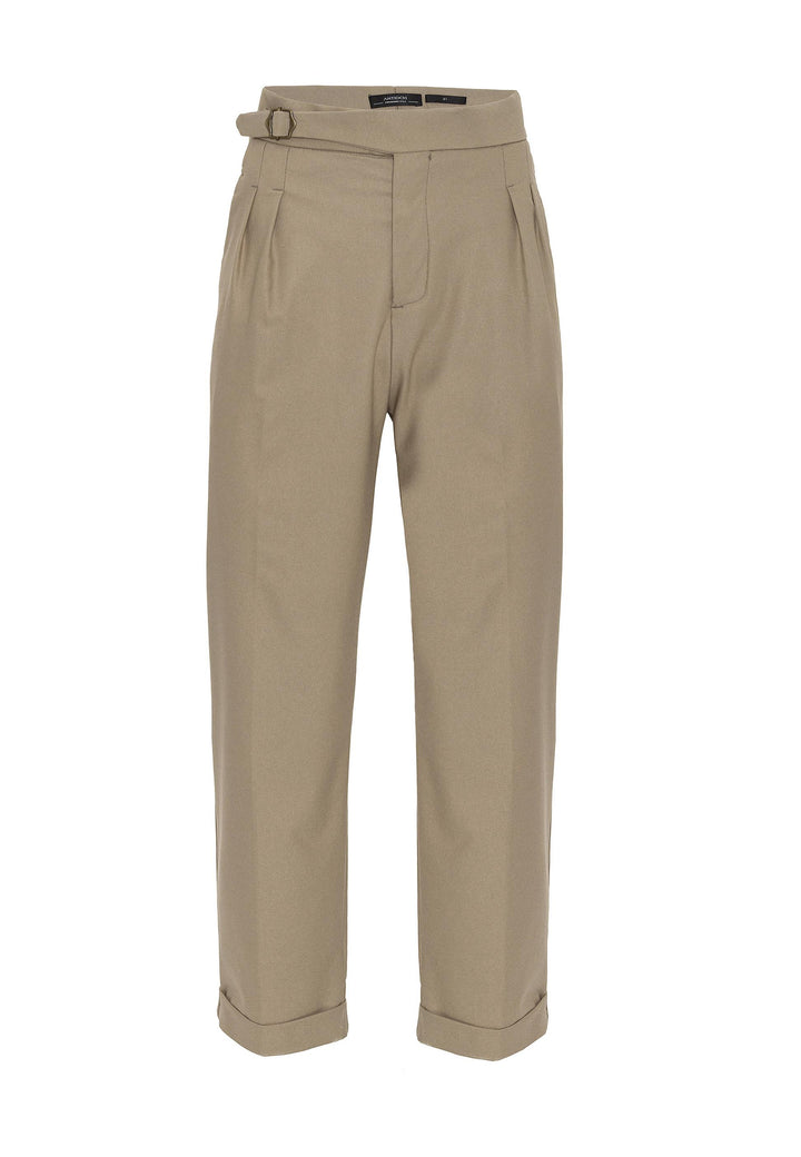 Pantaloni a pieghe con dettaglio fibbia a vita alta beige scuro da uomo - Wessi