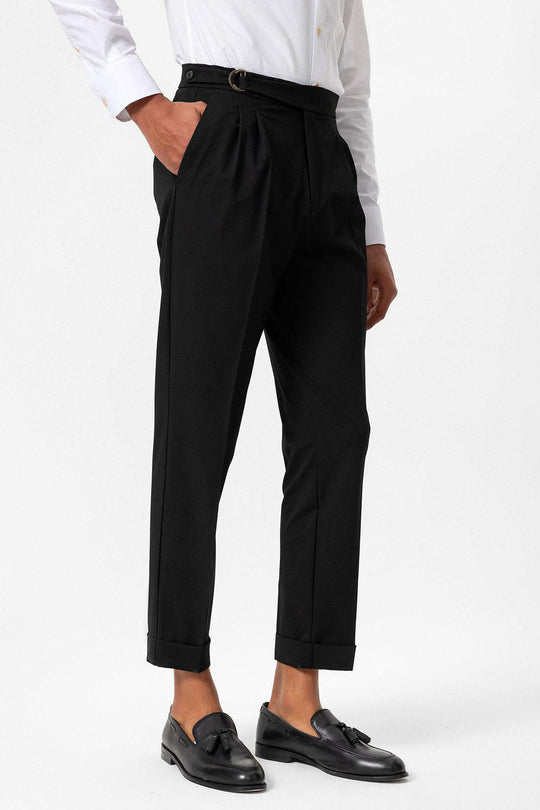Men's Black High-Waisted Belted Pleated  Pants - Wessi