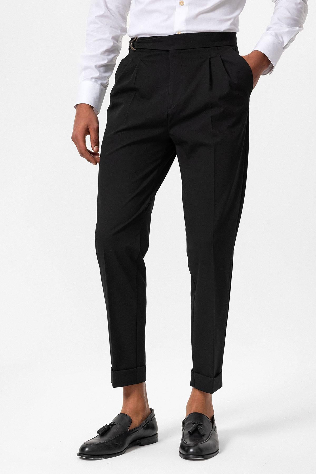 Men's Black High-Waisted Belted Pleated Pants - Wessi