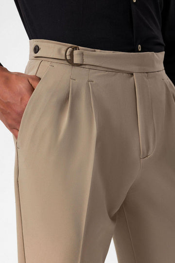 Pantalón Hombre Beige Talle Alto Plisado Con Cinturón - Wessi