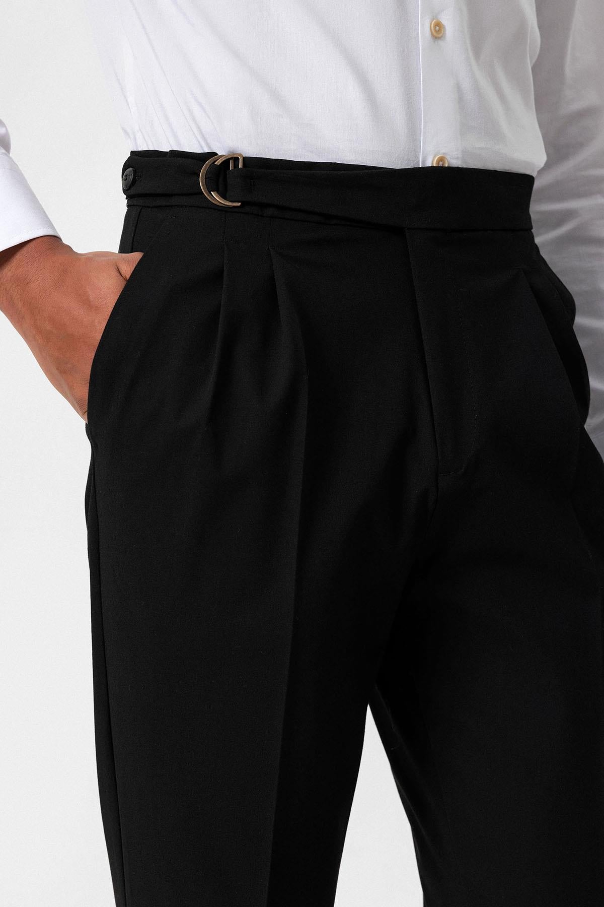 Men's Black High-Waisted Belted Pleated Pants - Wessi