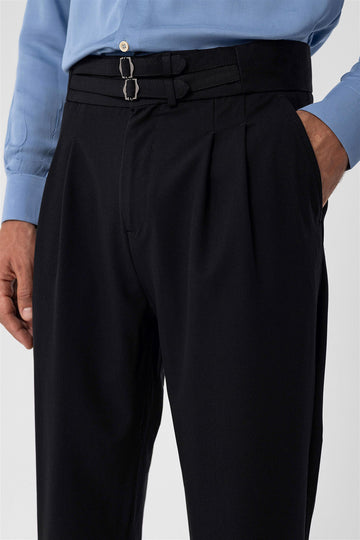 Men's Black High Waist Buckle Belt Pleated Fabric Trousers - Wessi