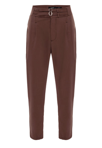 Pantalon Homme Marron Taille Haute Boucle Ceinture En Tissu Plissé - Wessi