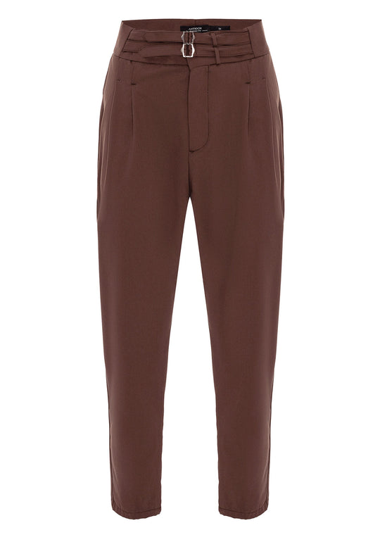 Pantalon Homme Marron Taille Haute Boucle Ceinture En Tissu Plissé - Wessi