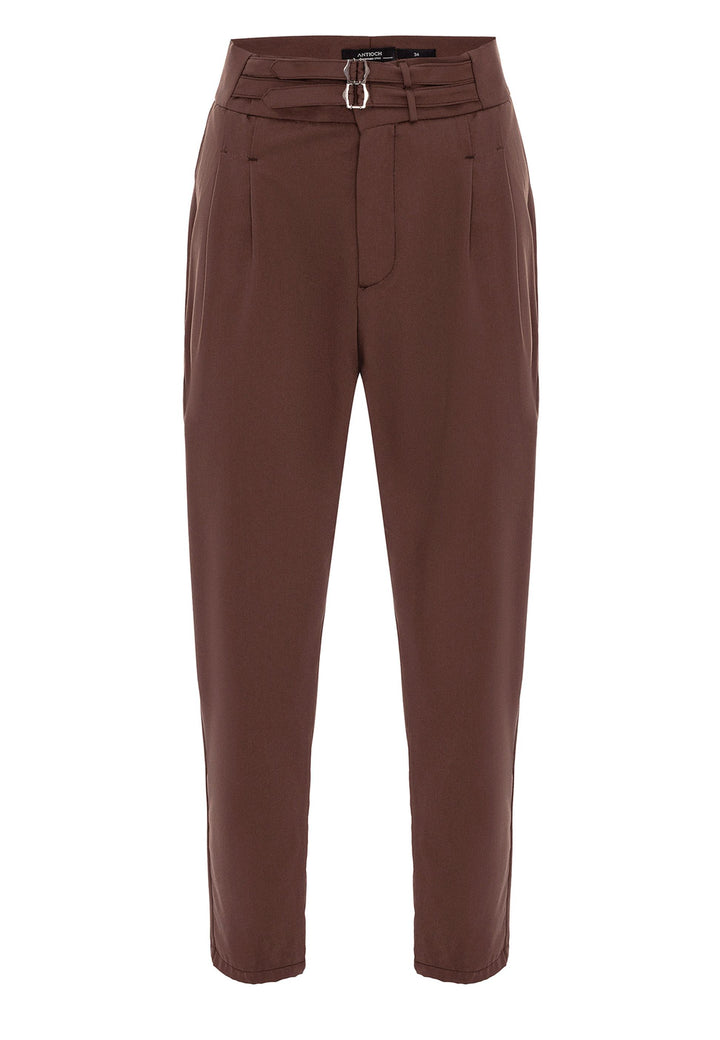 Men's Brown High Waist Buckle Belt Pleated Fabric Trousers - Wessi