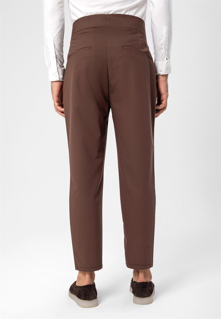Men's Brown High Waist Buckle Belt Pleated Fabric Trousers - Wessi
