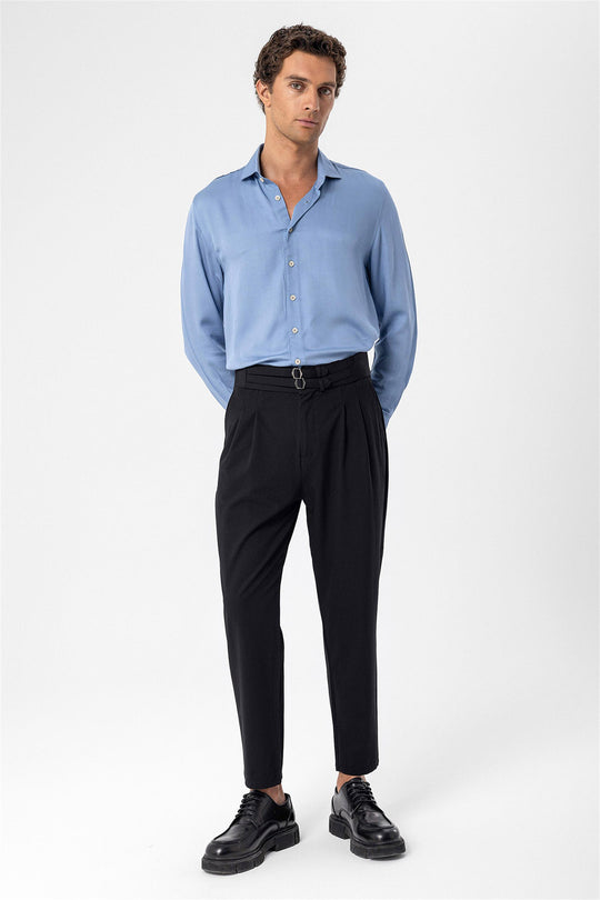 Men's Black High Waist Buckle Belt Pleated Fabric Trousers - Wessi