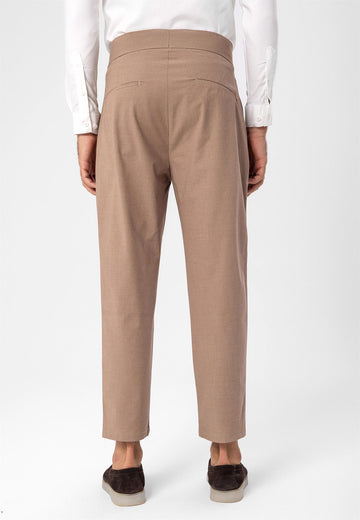 Pantalon Homme Marron Clair Taille Haute Boucle Ceinture En Tissu Plissé - Wessi