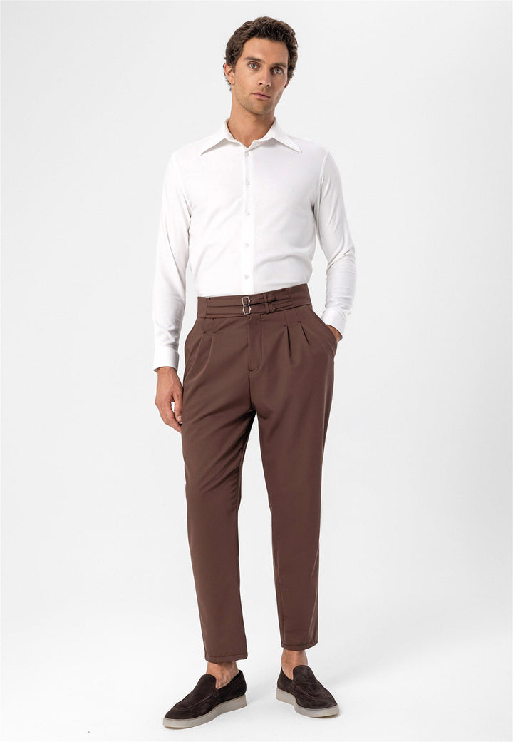 Men's Brown High Waist Buckle Belt Pleated Fabric Trousers - Wessi