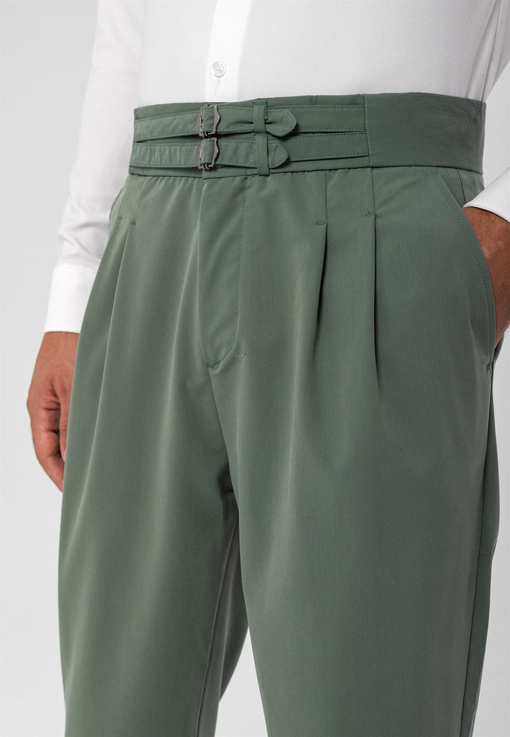 Men's Green High Waist Buckle Belt Pleated Fabric Trousers - Wessi