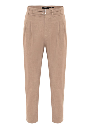 Pantalon Homme Marron Clair Taille Haute Boucle Ceinture En Tissu Plissé - Wessi