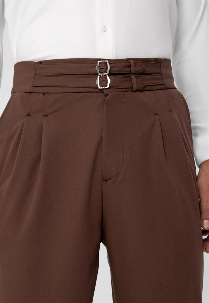 Men's Brown High Waist Buckle Belt Pleated Fabric Trousers - Wessi