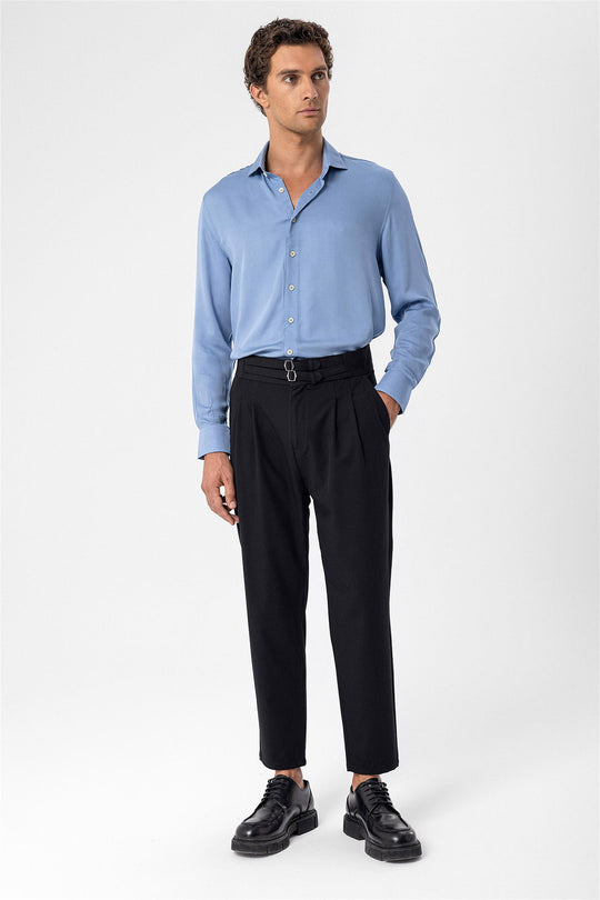 Men's Black High Waist Buckle Belt Pleated Fabric Trousers - Wessi