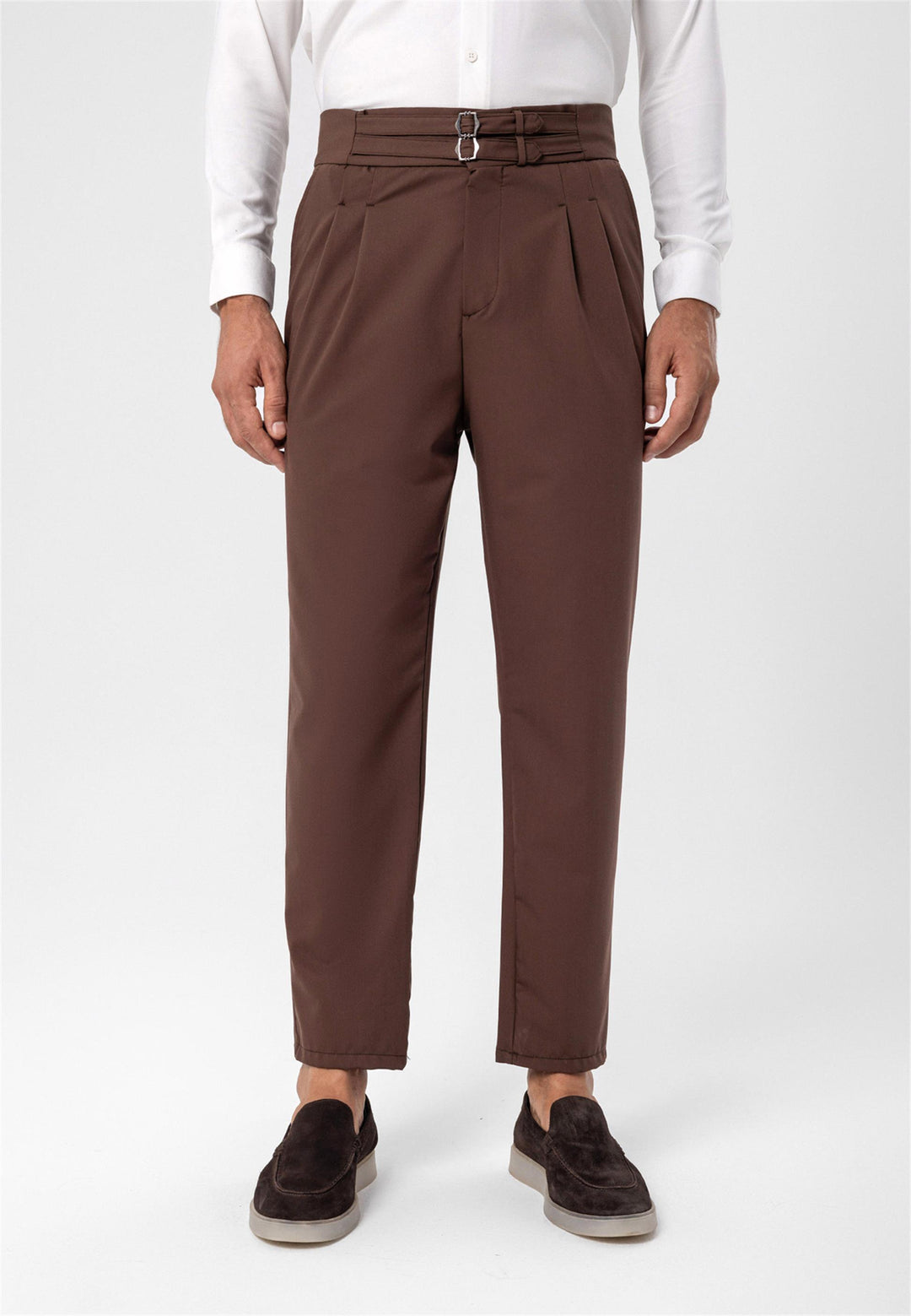 Men's Brown High Waist Buckle Belt Pleated Fabric Trousers - Wessi