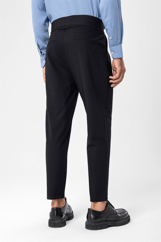 Men's Black High Waist Buckle Belt Pleated Fabric Trousers - Wessi