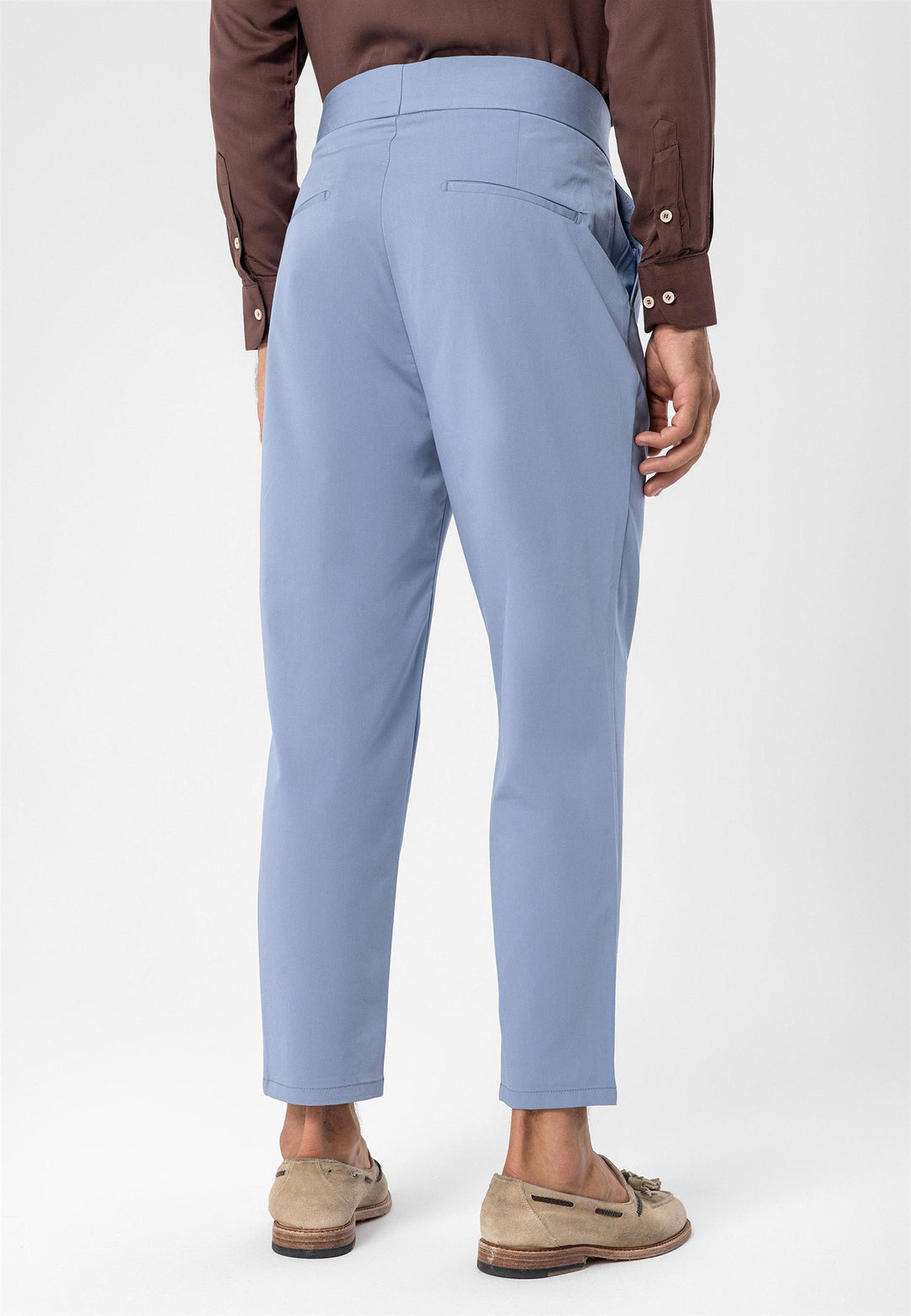 Men's Light Blue High Waist Buckle Belt Pleated Fabric Trousers - Wessi