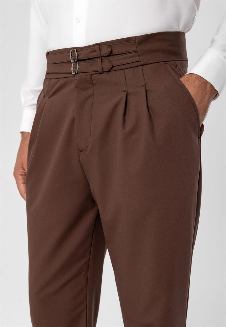 Men's Brown High Waist Buckle Belt Pleated Fabric Trousers - Wessi