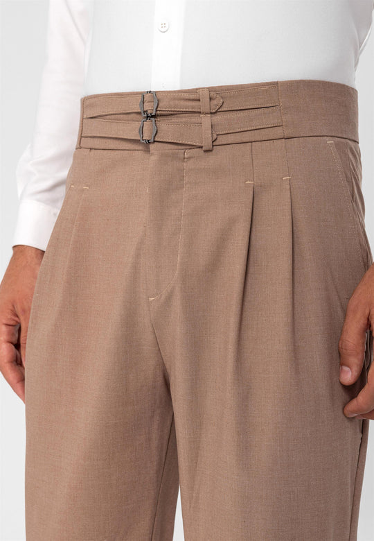 Pantalon Homme Marron Clair Taille Haute Boucle Ceinture En Tissu Plissé - Wessi