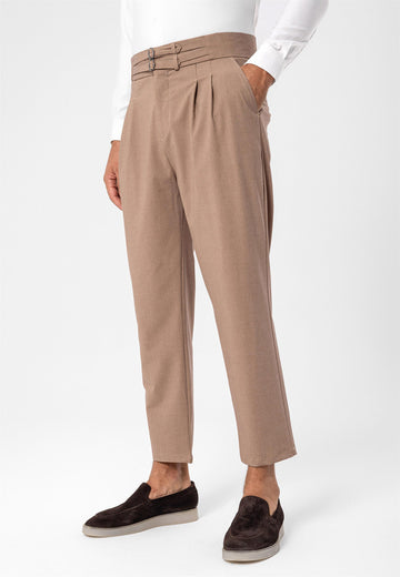 Pantalon Homme Marron Clair Taille Haute Boucle Ceinture En Tissu Plissé - Wessi