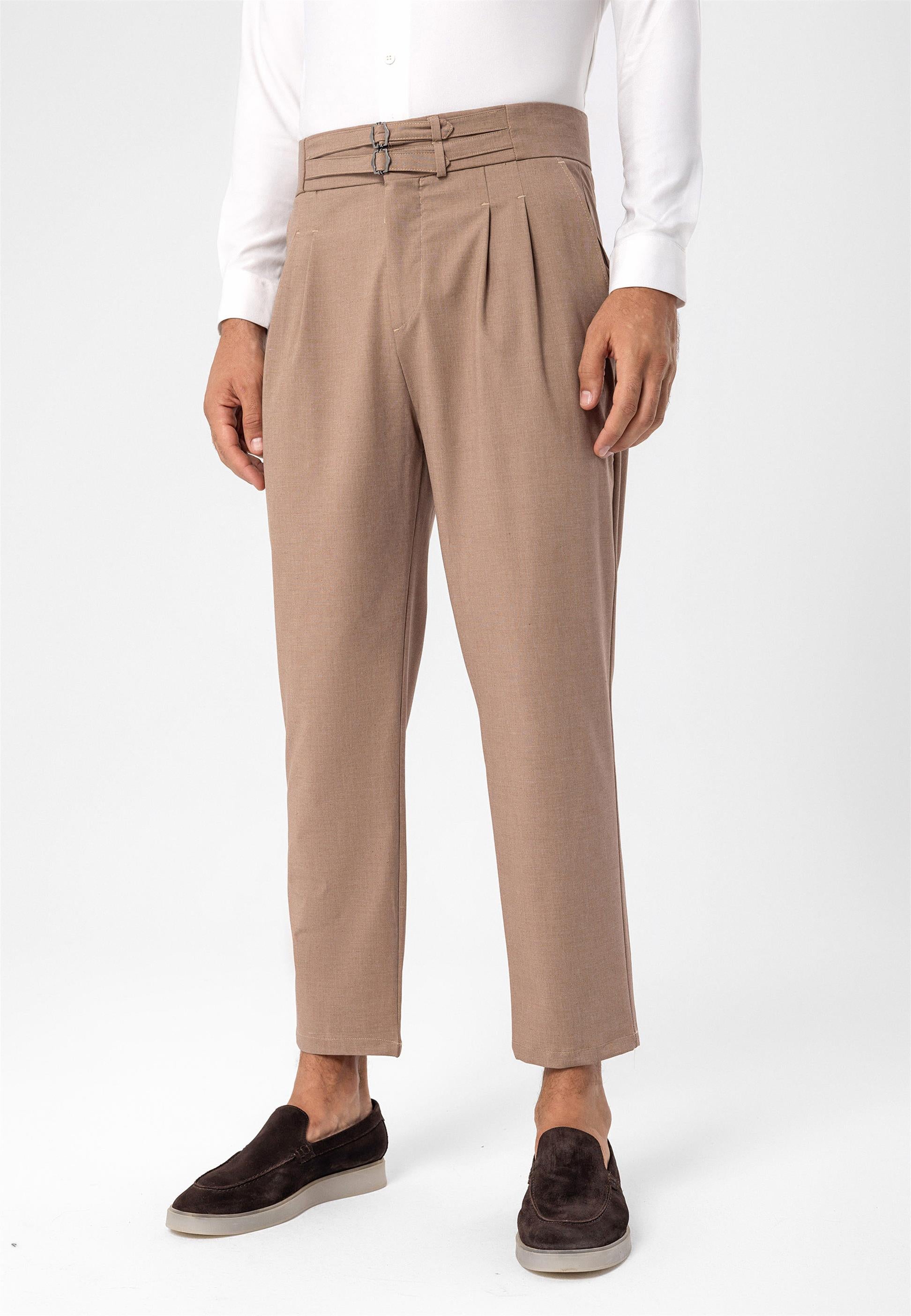 Pantalon Homme Marron Clair Taille Haute Boucle Ceinture En Tissu Plis Wessi