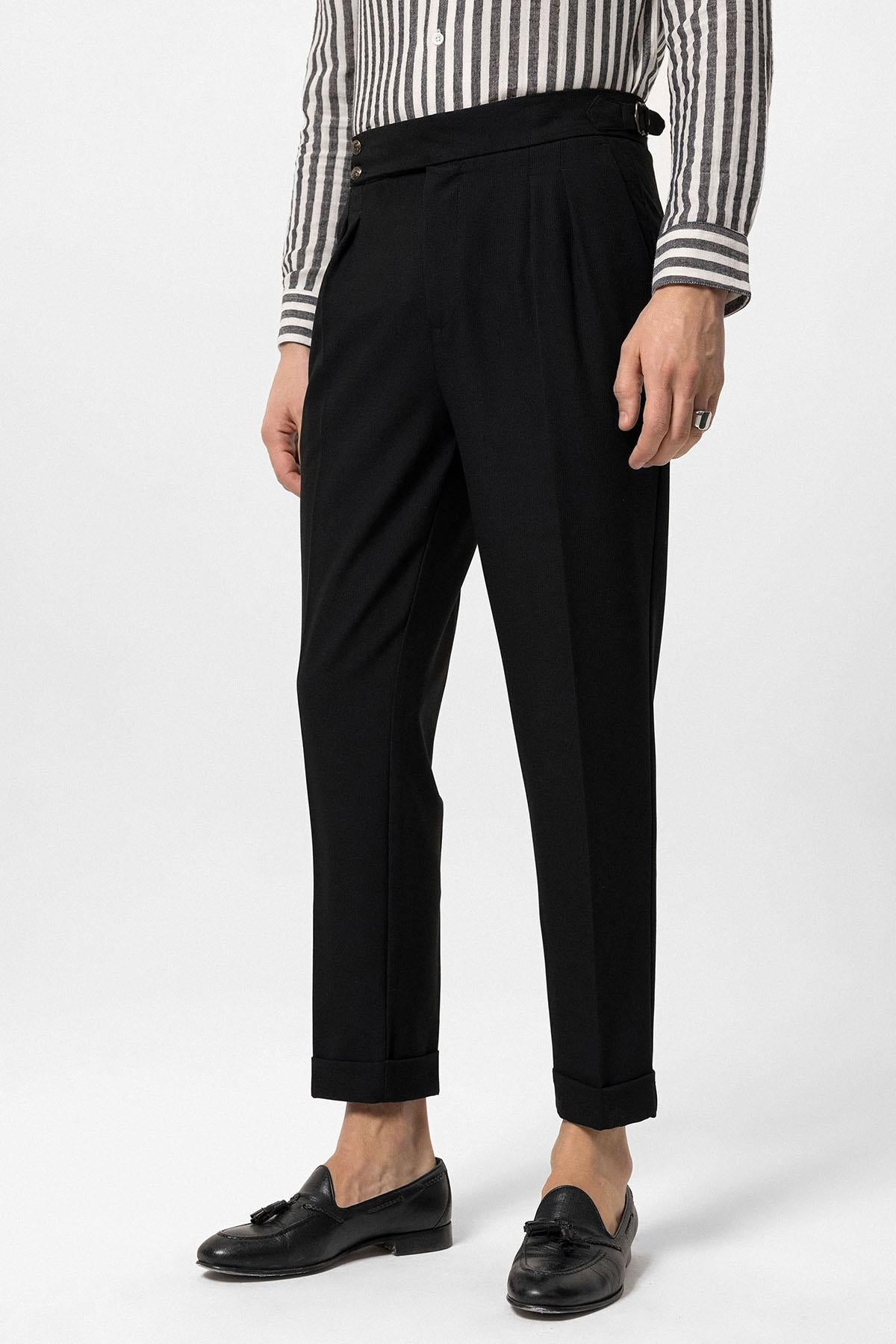 「高評価！」注目のレビュ Men's Black Trousers Fabric Pleated Buckled Side Waist High パンツ