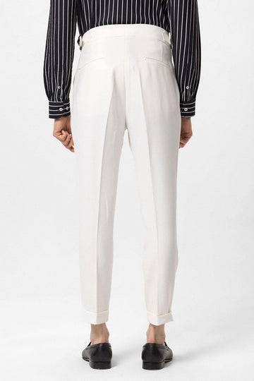 Men's Ecru High Waist Side Buckled Pleated Fabric Trousers - Wessi