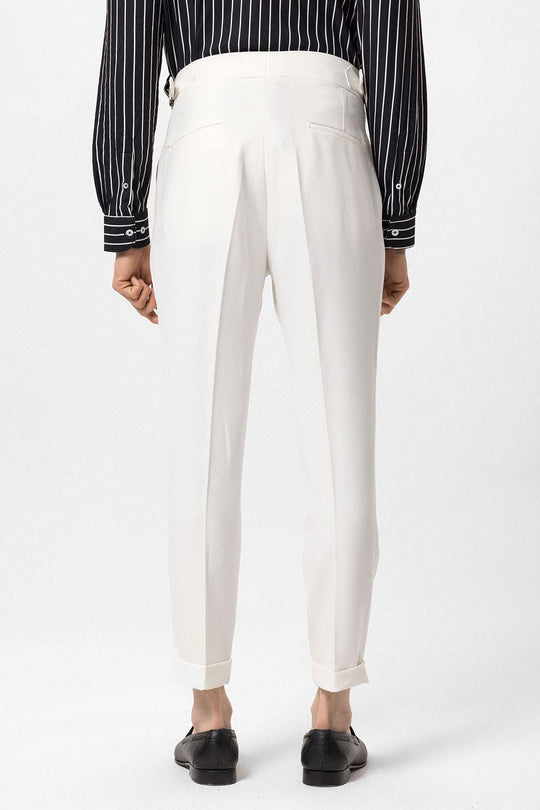 Men's Ecru High Waist Side Buckled Pleated Fabric Trousers - Wessi