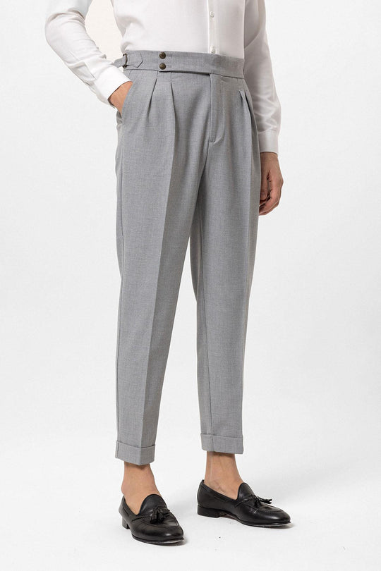 Men's Grey High Waist Side Buckled Pleated Fabric Trousers - Wessi