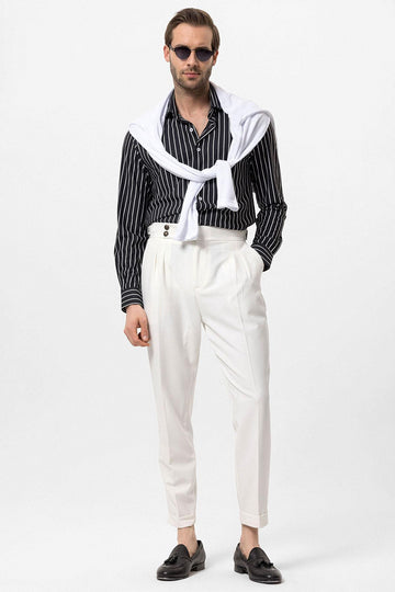 Men's Ecru High Waist Side Buckled Pleated Fabric Trousers - Wessi