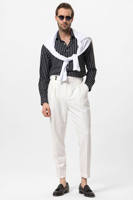 Men's Ecru High Waist Side Buckled Pleated Fabric Trousers - Wessi