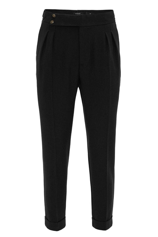 Pantalón de hombre de tela plisada con cintura alta y hebillas laterales negros - Wessi