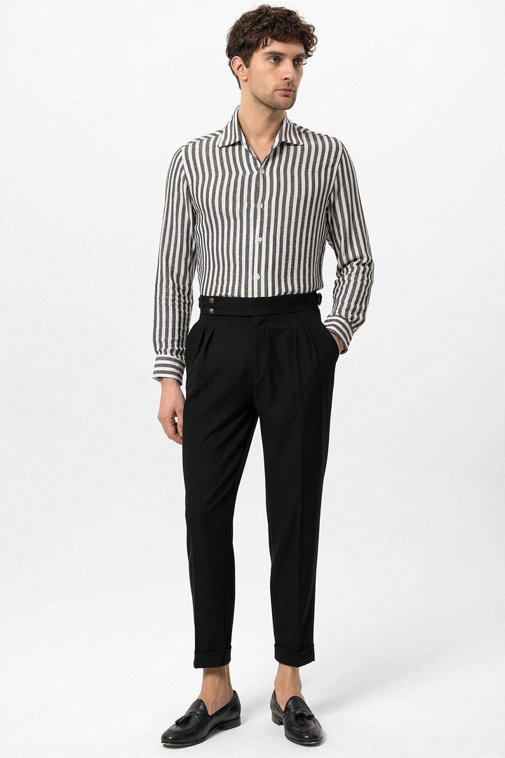 Men's Black High Waist Side Buckled Pleated Fabric Trousers - Wessi