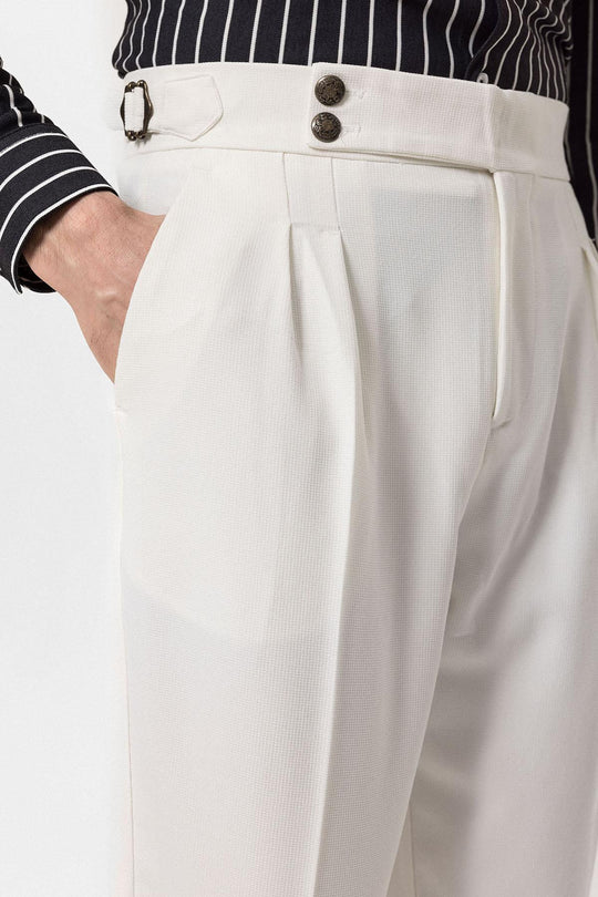 Men's Ecru High Waist Side Buckled Pleated Fabric Trousers - Wessi