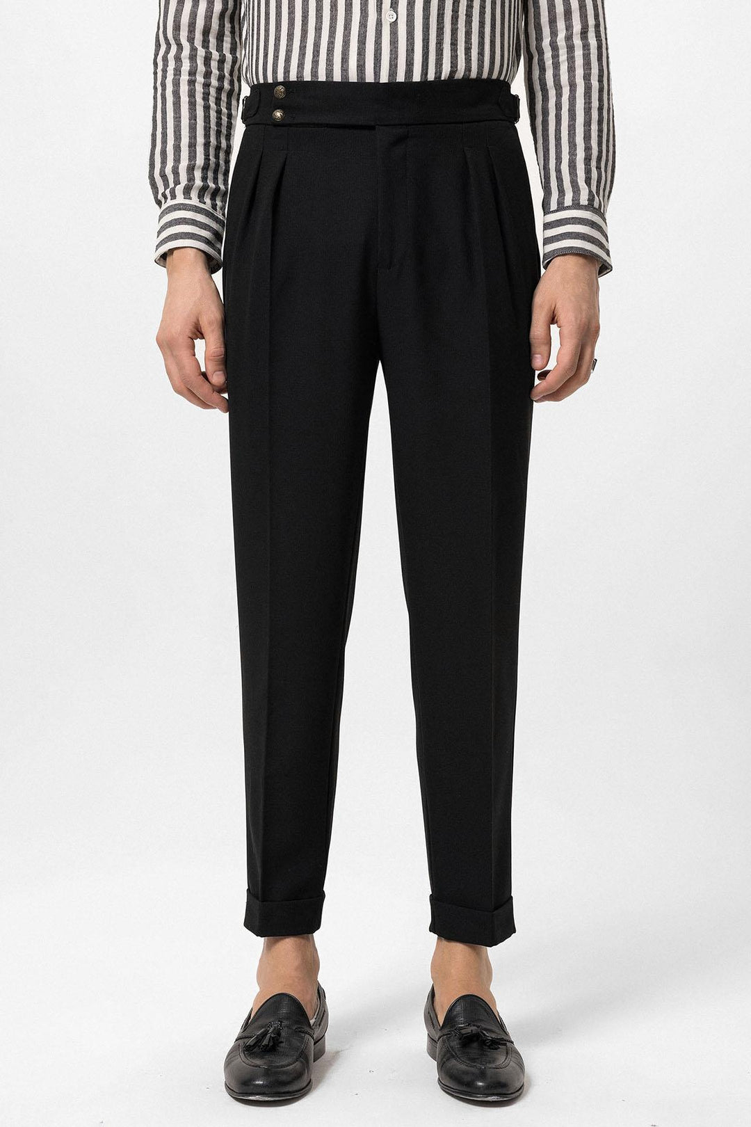 Men's Black High Waist Side Buckled Pleated Fabric Trousers - Wessi