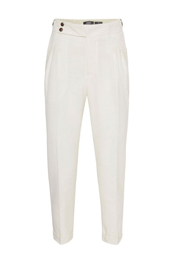 Men's Ecru High Waist Side Buckled Pleated Fabric Trousers - Wessi