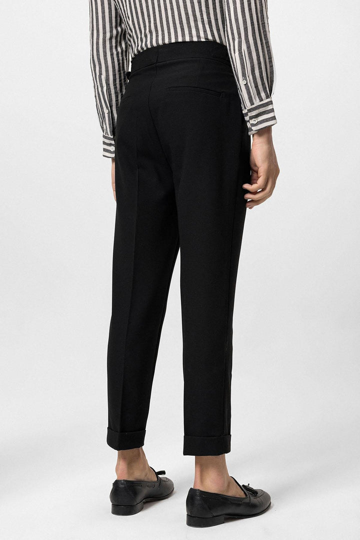 Men's Black High Waist Side Buckled Pleated Fabric Trousers - Wessi