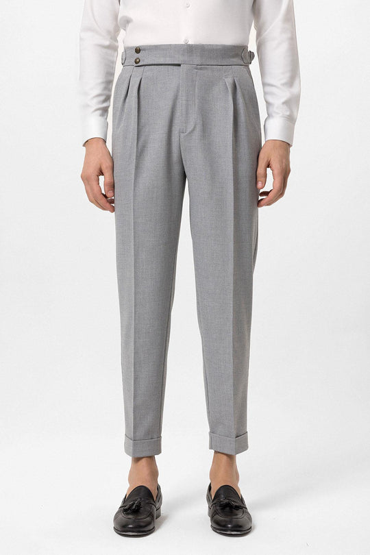 Men's Grey High Waist Side Buckled Pleated Fabric Trousers - Wessi