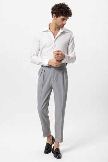 Men's Grey High Waist Side Buckled Pleated Fabric Trousers - Wessi