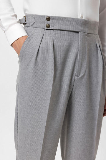 Men's Grey High Waist Side Buckled Pleated Fabric Trousers - Wessi