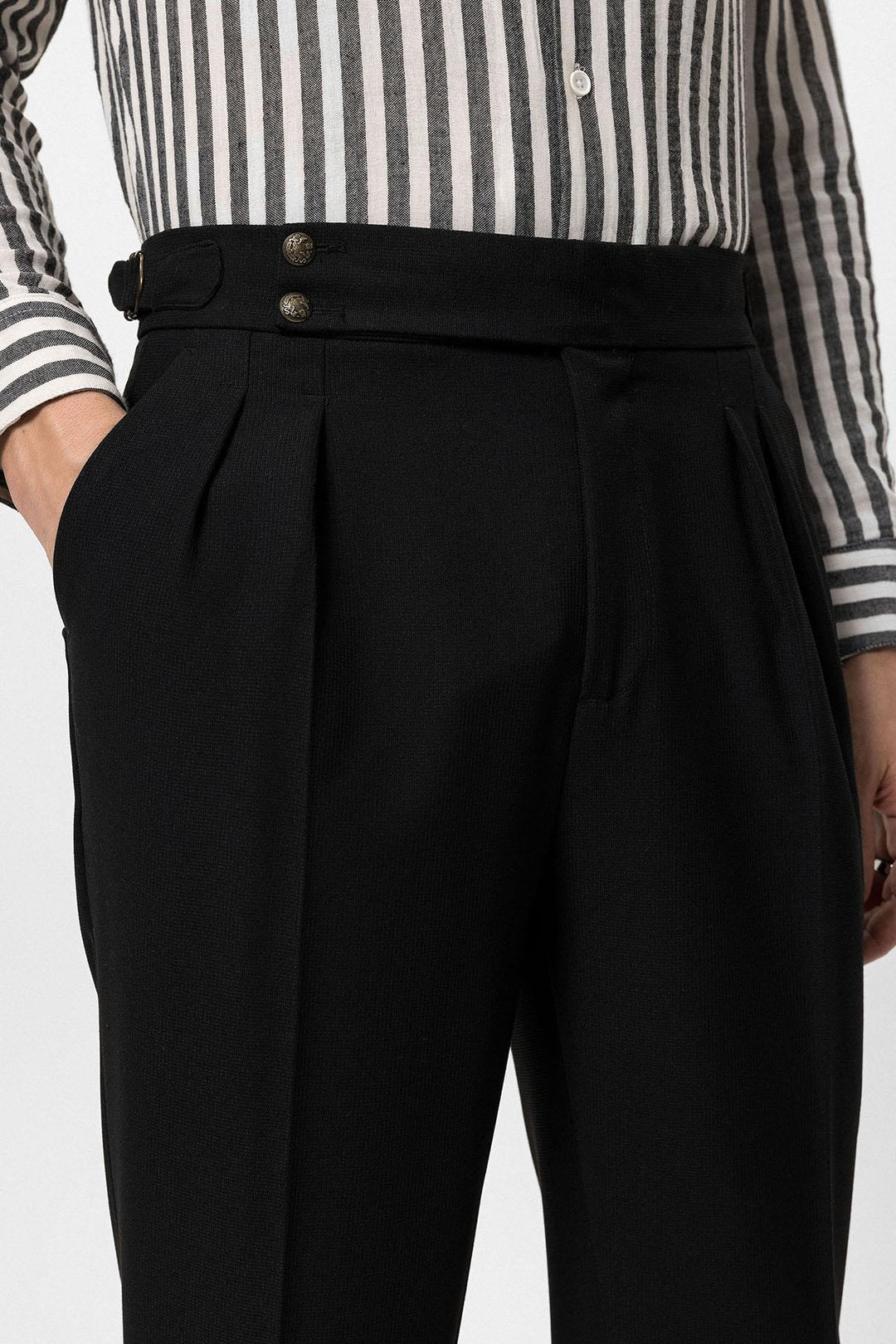 Men's Black High Waist Side Buckled Pleated Fabric Trousers - Wessi