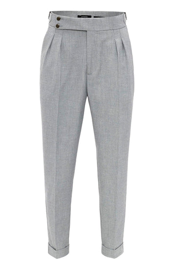 Men's Grey High Waist Side Buckled Pleated Fabric Trousers - Wessi