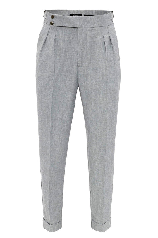 Men's Grey High Waist Side Buckled Pleated Fabric Trousers - Wessi