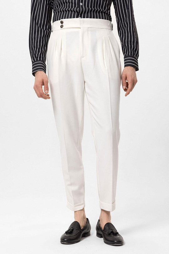 Men's Ecru High Waist Side Buckled Pleated Fabric Trousers - Wessi