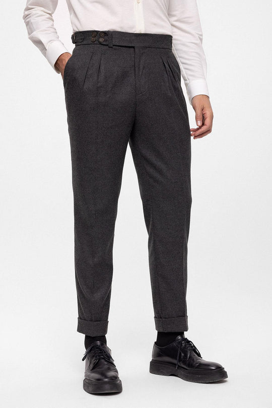 Men's Anthracite Wool Look High Waist Pleated Pants - Wessi