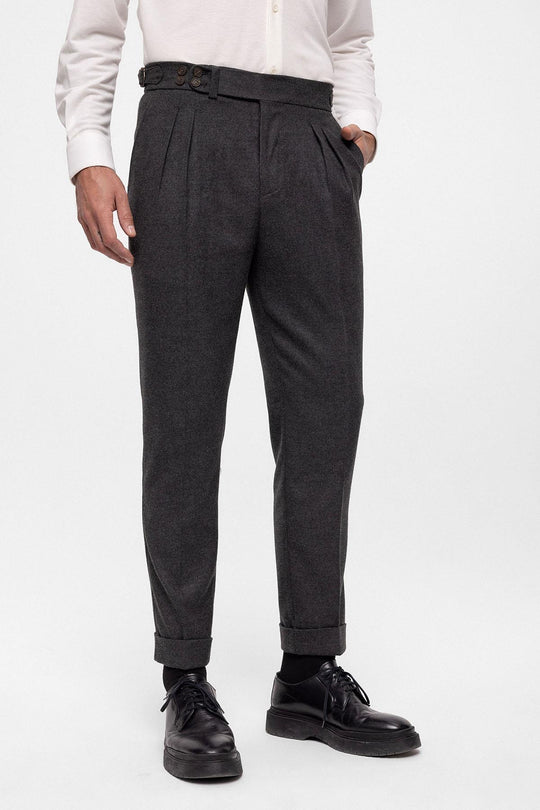 Men's Anthracite Wool Look High Waist Pleated Pants - Wessi