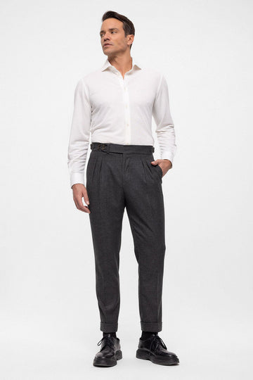 Men's Anthracite Wool Look High Waist Pleated Pants - Wessi