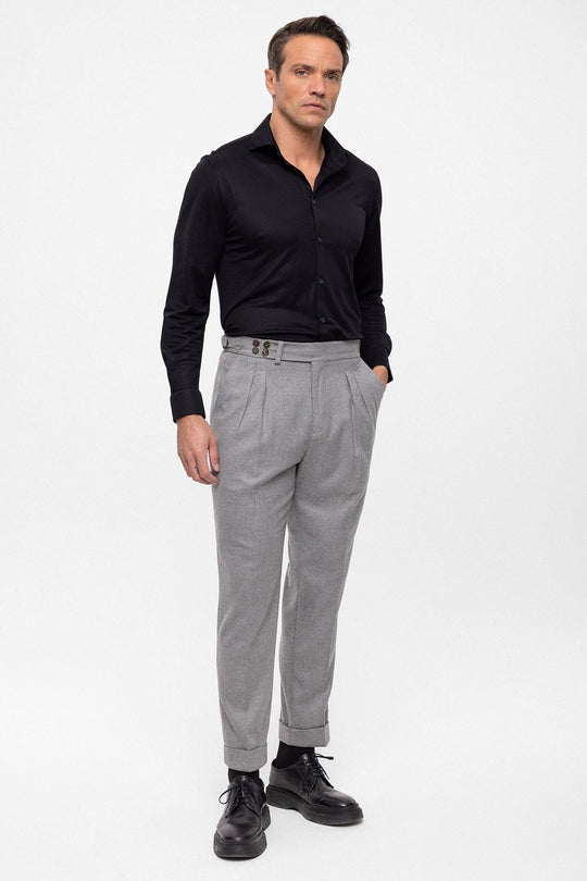 Men's Grey Wool Look High Waist Pleated Pants - Wessi Men's Grey Wool Look High Waist Pleated Pants - Wessi