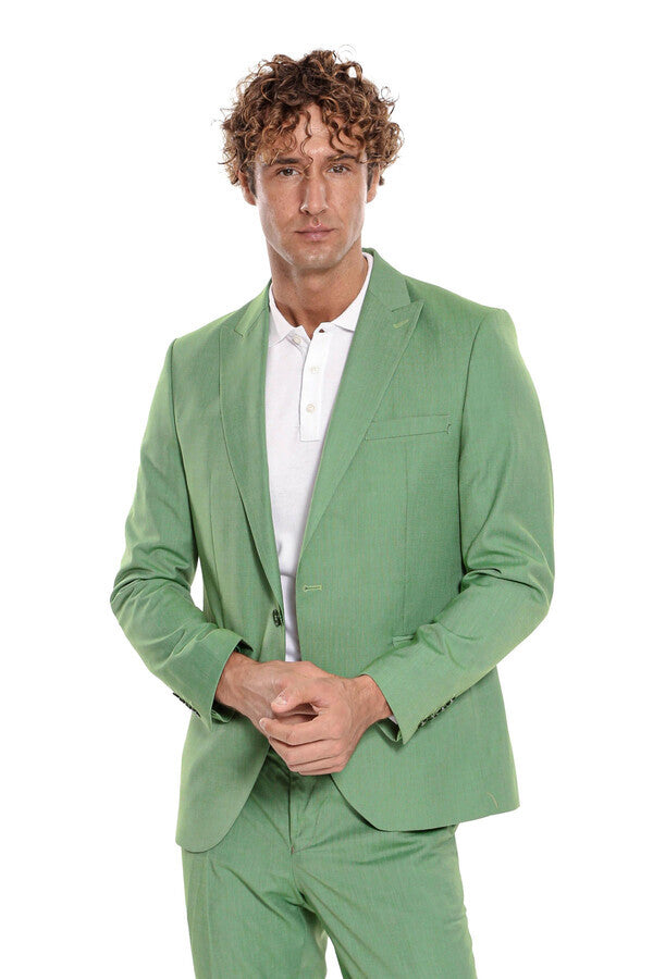 2 Piece Patterned Slim Fit Green Men Suit - Wessi