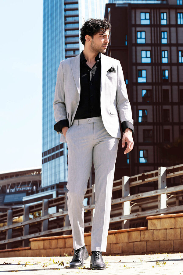 2 Piece Plain Slim Fit Grey Men Suit - Wessi
