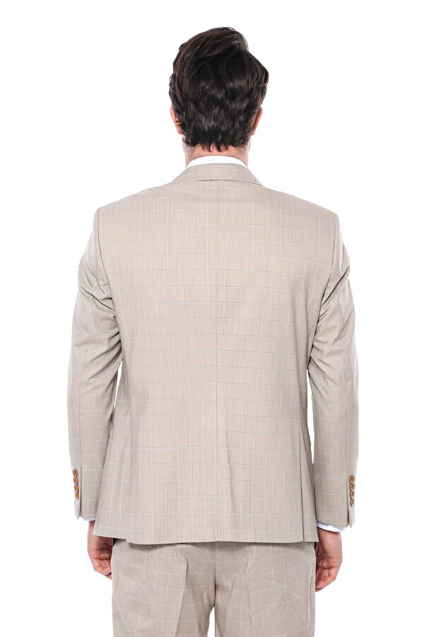 4 Drop Checked Regular Fit Beige Suit - Wessi